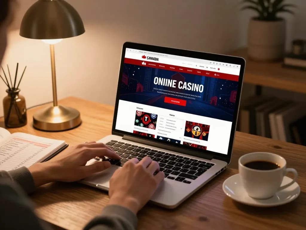 Engaging gameplay at Canadian online casinos showcased on a cozy home desk.