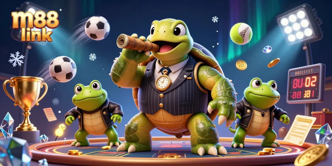 Experience m88 link through a vibrant cartoon scene with a snapping turtle and sports elements.