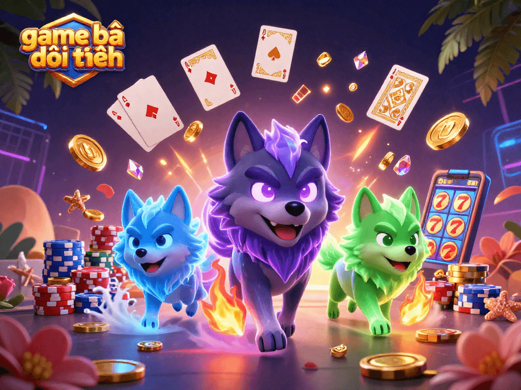 Engage with game bài đổi thưởng featuring ghostly wolves amidst cascading coins and vibrant casino elements.