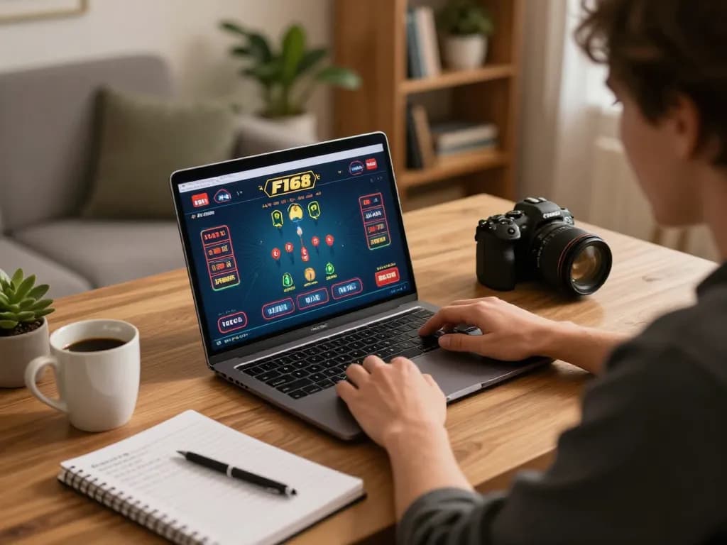 Player engaging with the F168 live dealer casino game on a laptop, showcasing strategic gameplay in a cozy home setting