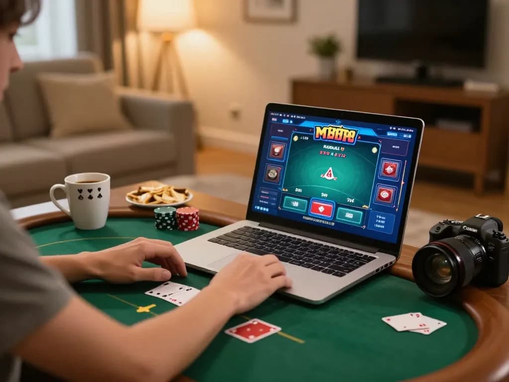Engaged player enjoying a poker game on hi88com, highlighting cozy atmosphere and strategic gameplay.