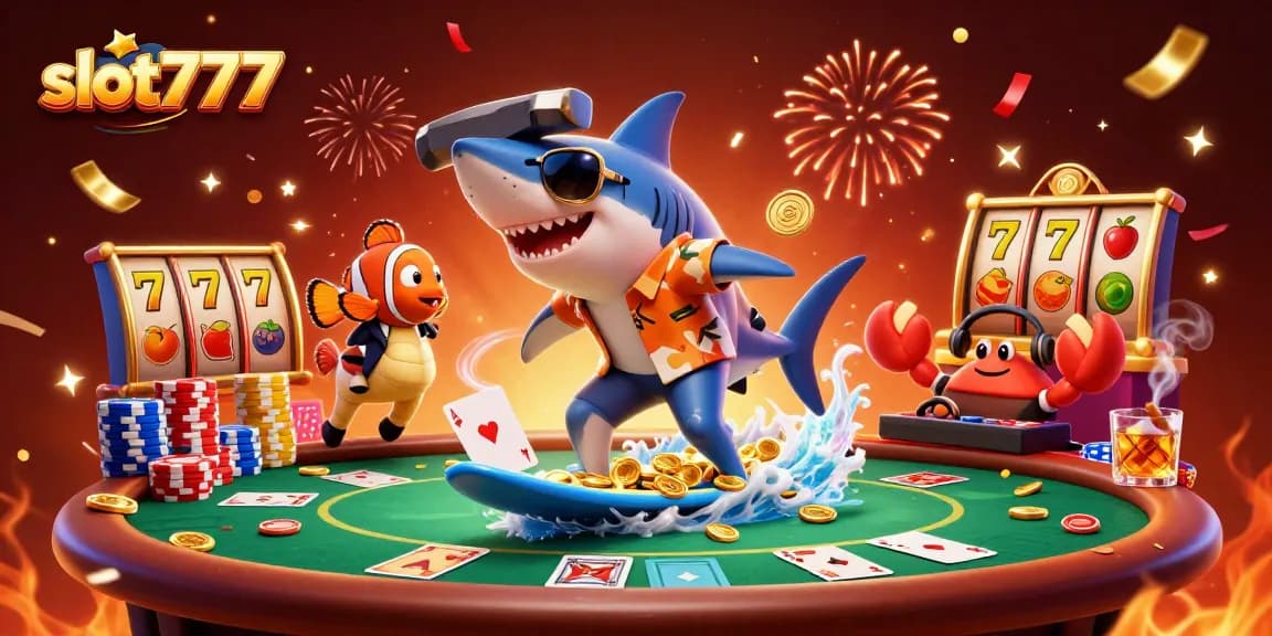 Watch the slot777 shark surfing on gold coins with vivid casino elements and festive flair.