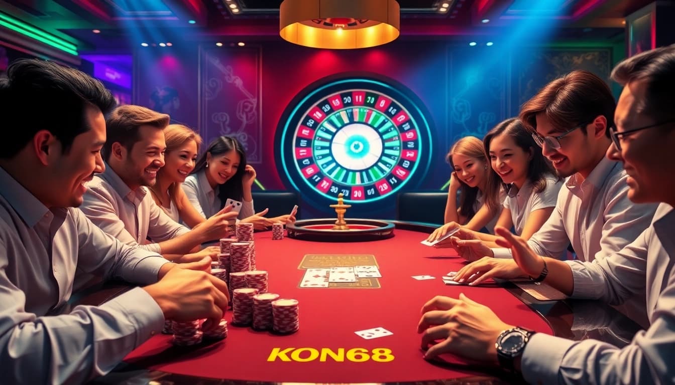 KONG88 players actively betting and strategizing in a luxurious poker setting, showcasing excitement.