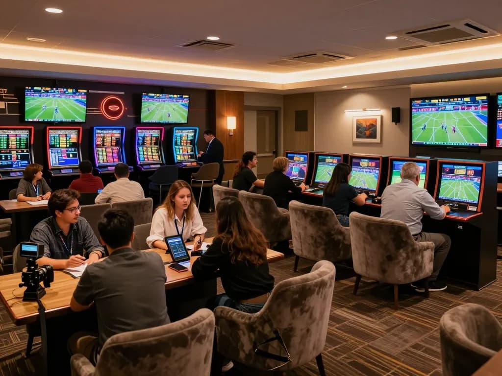 FB88 sports betting lounge featuring excited customers and live game screens.