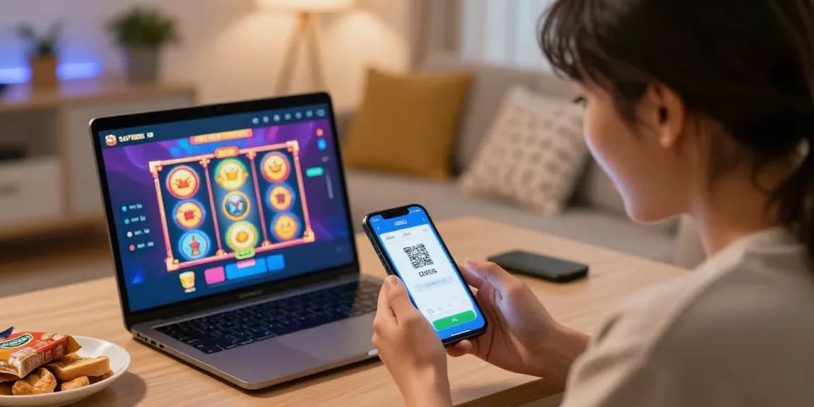 SLOT7000 user enjoying a vibrant online gaming session with QRIS payment on a smartphone in a cozy environment.
