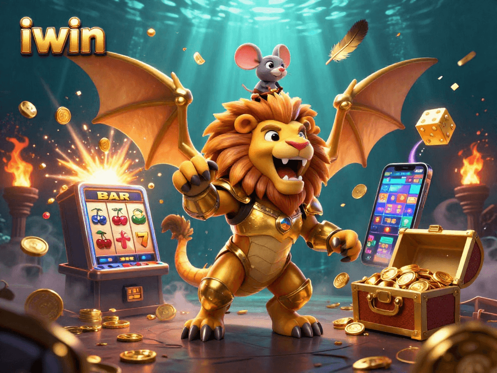 Experience lively wins with iwin in this vibrant slot machine scene featuring golden creatures and game symbols.