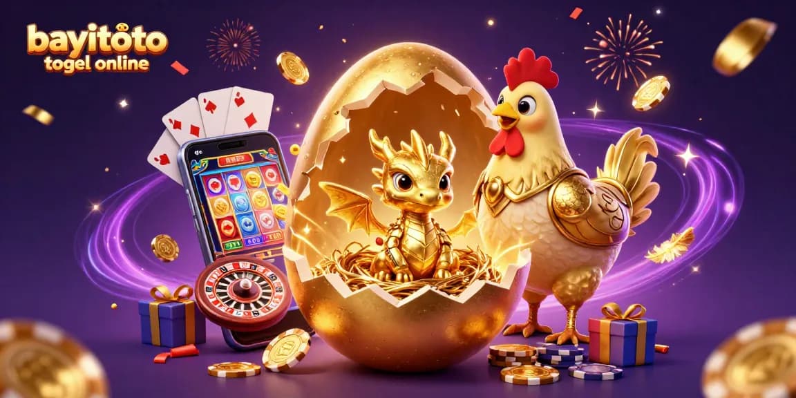 Experience winning opportunities with bayitoto togel online as a golden baby dragon emerges from its egg amidst vibrant gaming elements.