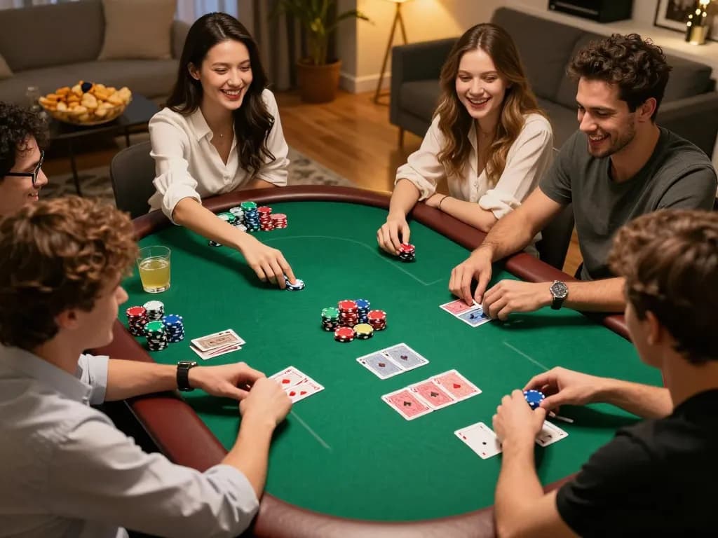 Engaged players at a friendly poker game night showcasing 68win strategies with vibrant cards and chips.