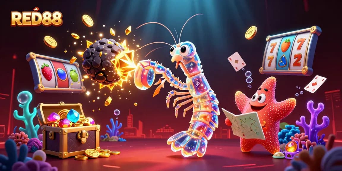 Engage in thrilling slots action with RED88 featuring a mantis shrimp and starfish in an explosive underwater casino.