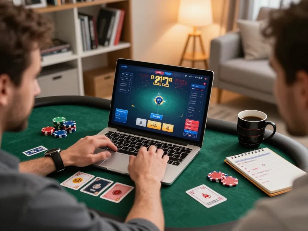 Player engaged in online poker at home while using RR88 interface with strategic notes nearby.