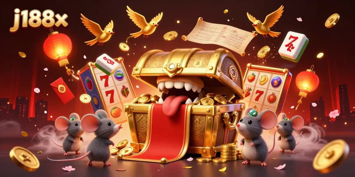 Win big with j188x in this vibrant 3D casino illustration showcasing treasures, games, and adventure.