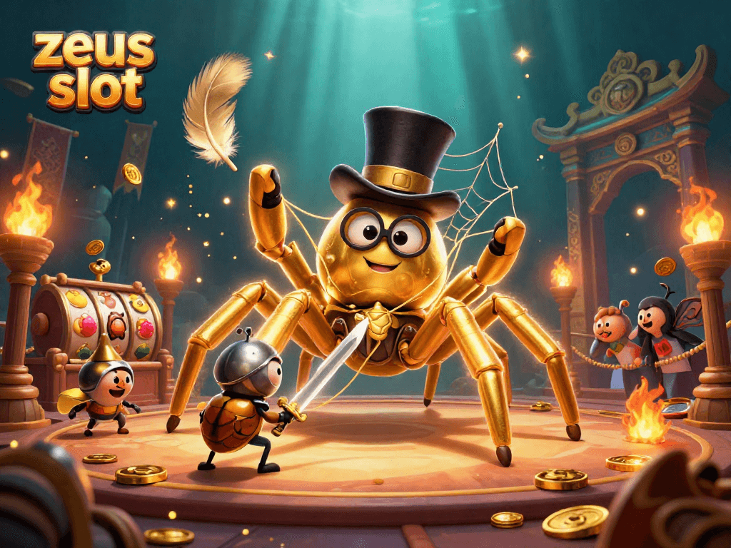 Engage with the zeus slot featuring a dynamic scene of characters in a gambling-themed setting