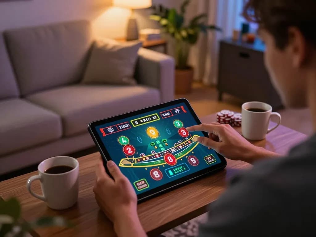 Enjoying a thrilling online blackjack game on W188 in a cozy home setting with tablet.