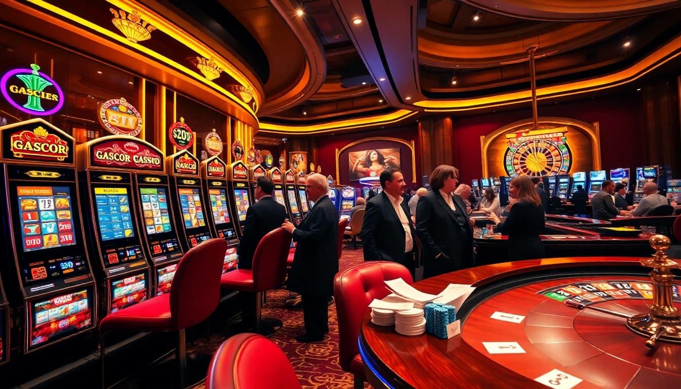 Excited players enjoying slot gacor machines in a luxurious casino setting.