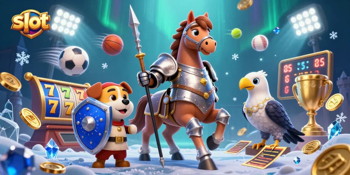 Menangkan slot dengan karakter kesatria, anjing squire, dan falcon dalam ilustrasi kasino.