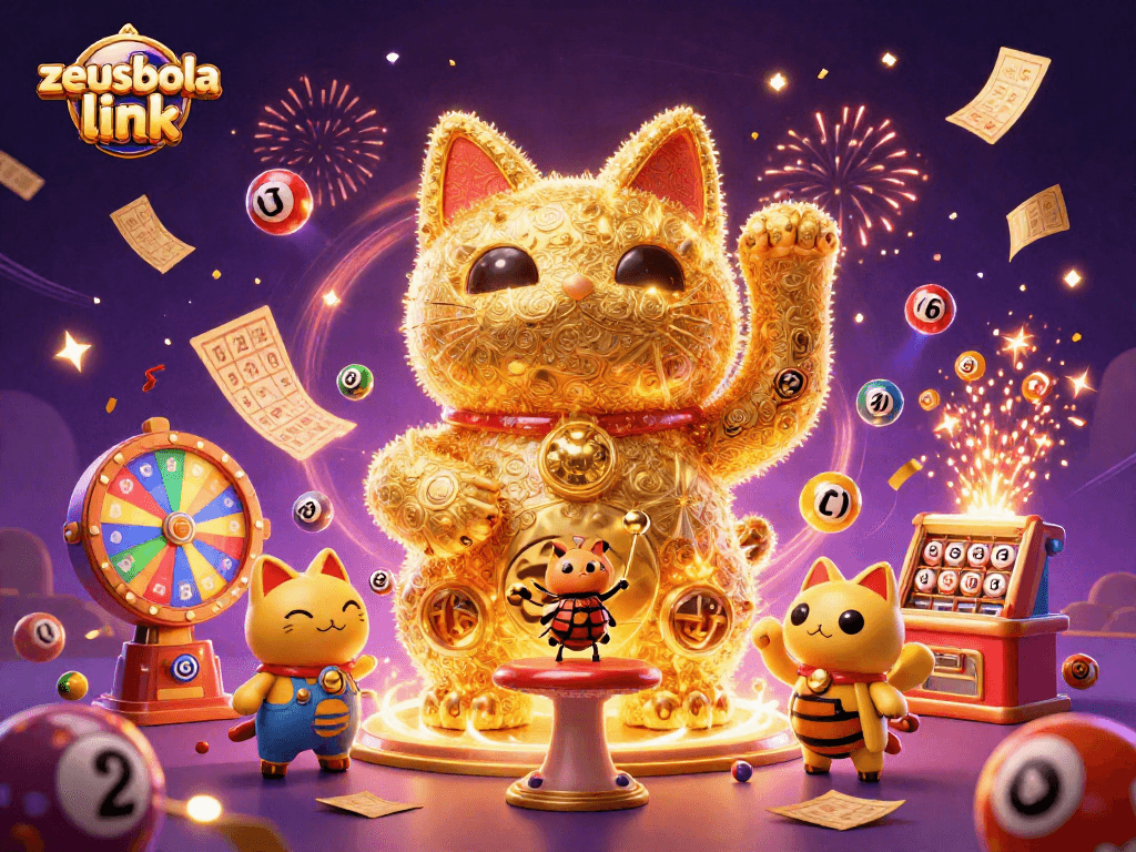 Play the zeusbola link with a vibrant 3D illustration of a lucky cat and dynamic casino elements.