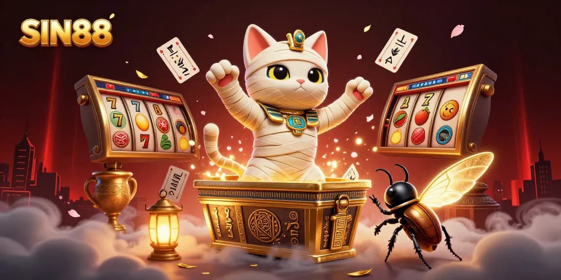SIN88 offers exciting jackpot slots with a cartoon mummy and golden elements in a dynamic casino scene.