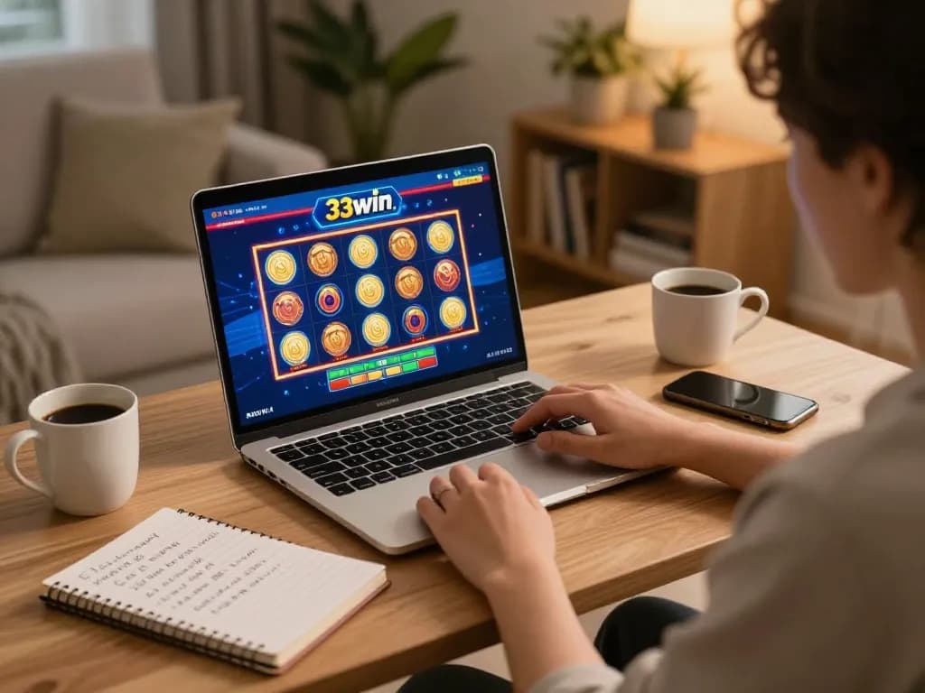 Player immersed in 33win's online slot game on a laptop at home, strategic notes visible.