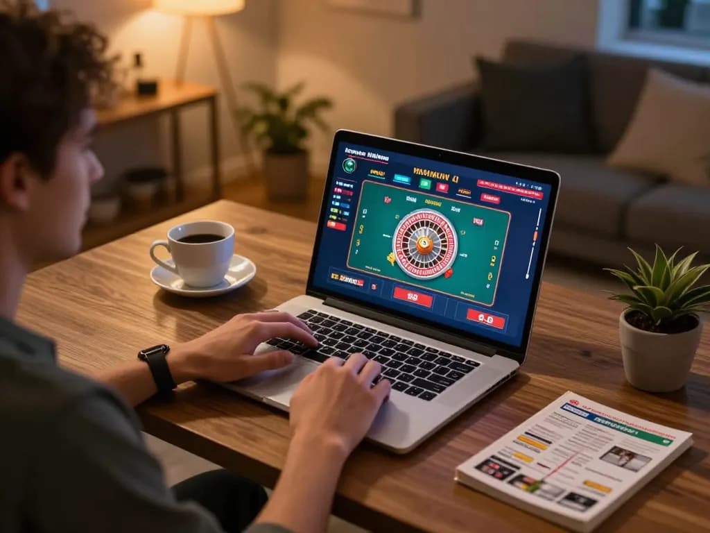 Engaged player experiencing 888 VI online gaming with roulette in cozy home setup.