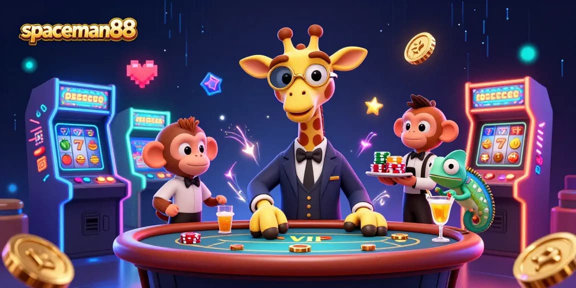 Win big with spaceman88 at the colorful casino, featuring an adventurous high-roller giraffe!