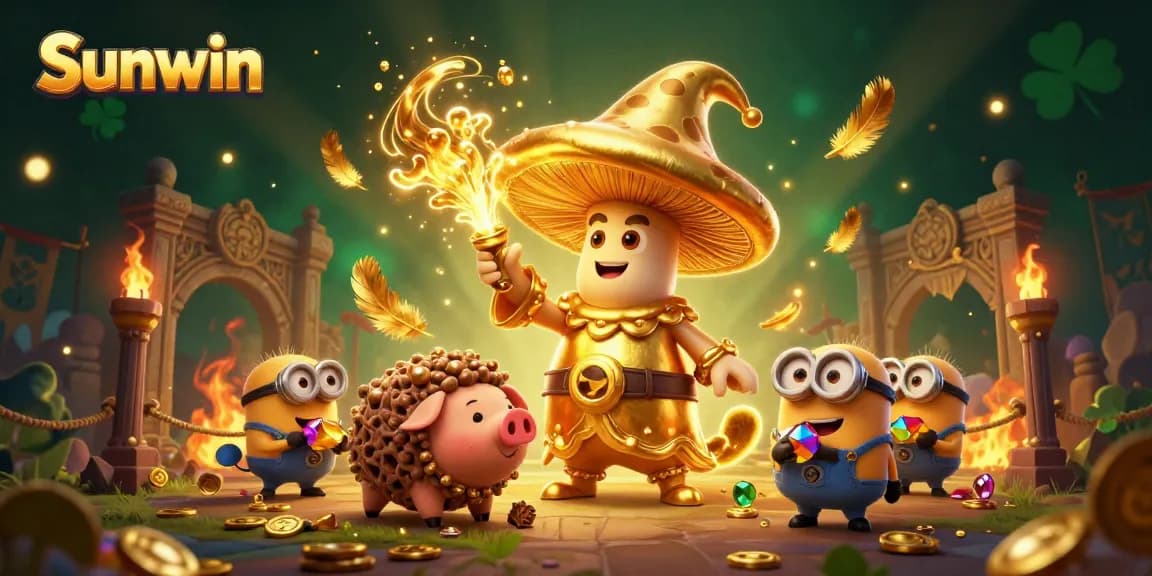 Experience magic and treasure with Sunwin's golden wizard, truffle pig, and gems in a vibrant carnival scene.