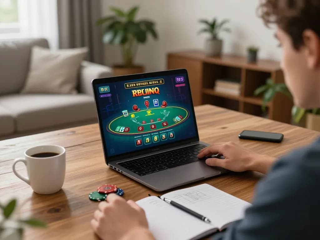 Player using cm88 online casino on laptop, enjoying blackjack with strategy notes nearby.