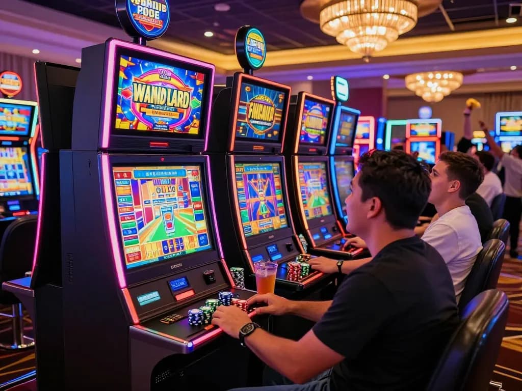 Suasana perjudian yang menggembirakan menampilkan seorang pemain di mesin link slot di tengah cahaya kasino yang cerah dan kerumunan yang bersorak.