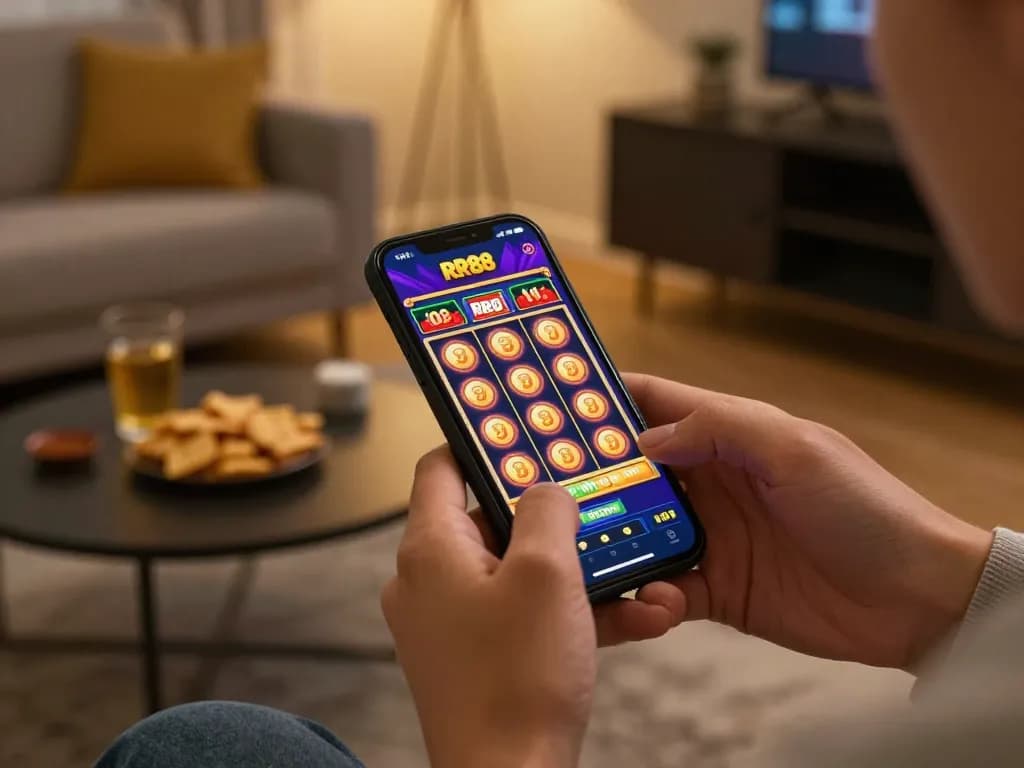 RR88 mobile gaming session with colorful slot game displayed on a smartphone, promoting responsible gambling.