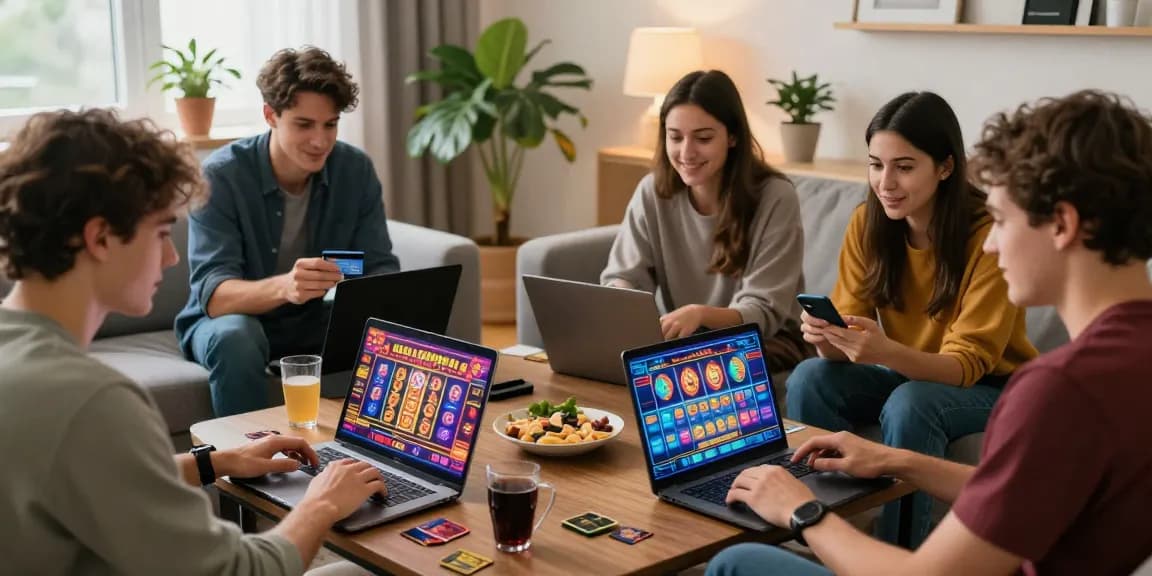 Group of friends enjoying online credit card casinos at home, exploring jumpspace.org.uk for gaming options.