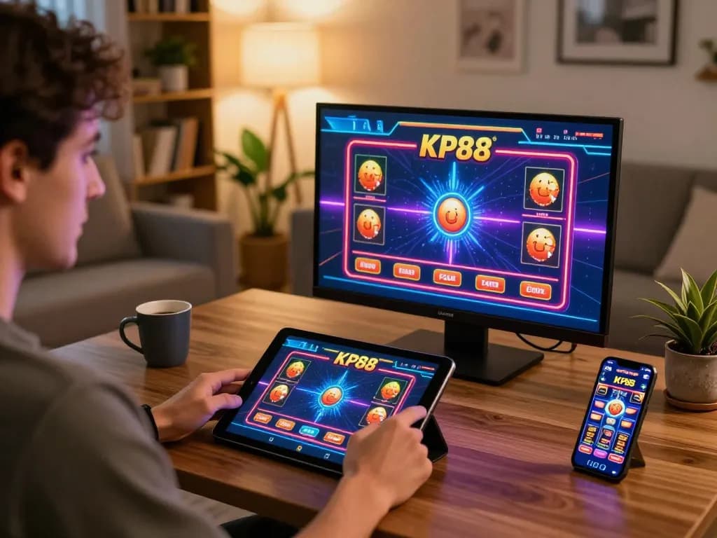 Engaging with the KP88 gaming app on a tablet in a cozy home setup, showcasing online gambling excitement