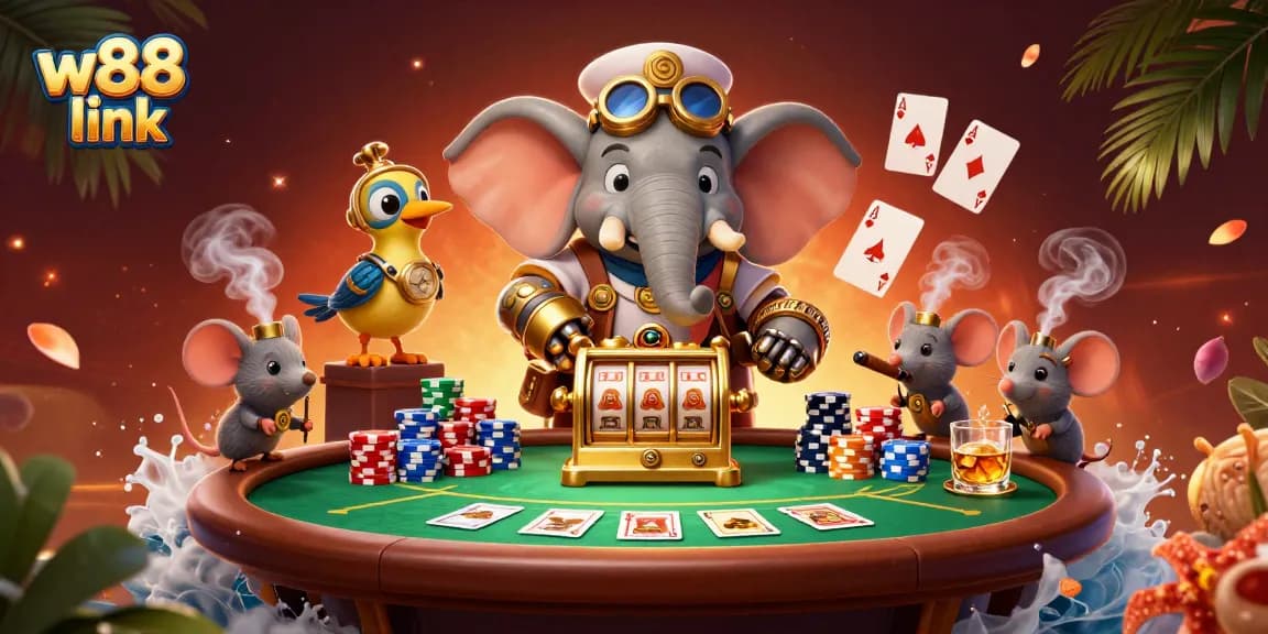 Explore the vibrant w88 link gaming scene featuring a steampunk elephant with a golden slot machine.