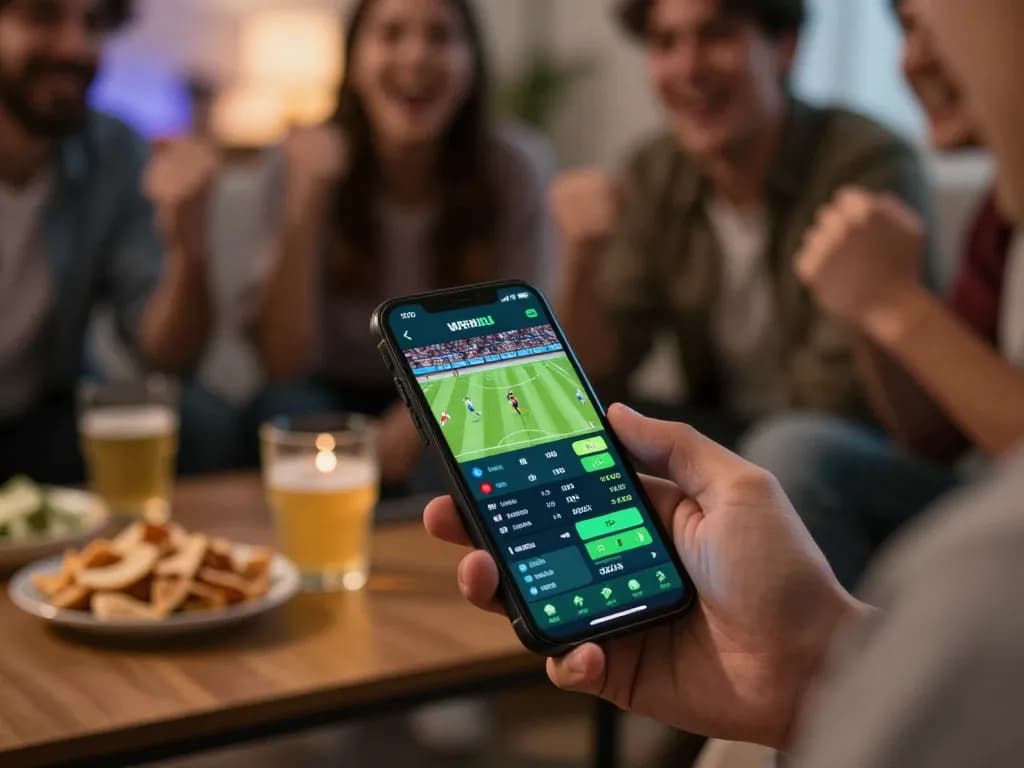 Soi kèo bóng đá with a sports bettor analyzing game statistics on a smartphone in a lively home environment.