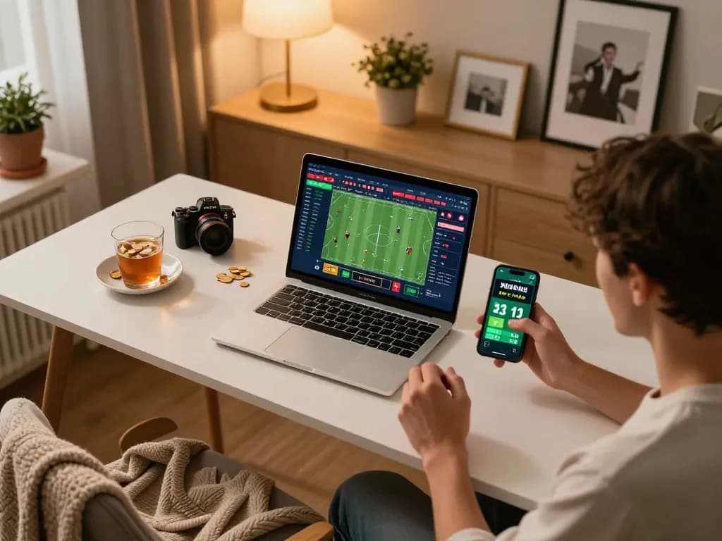 Engage in sports betting at go89 with a focused gamer using a laptop for live odds analysis.