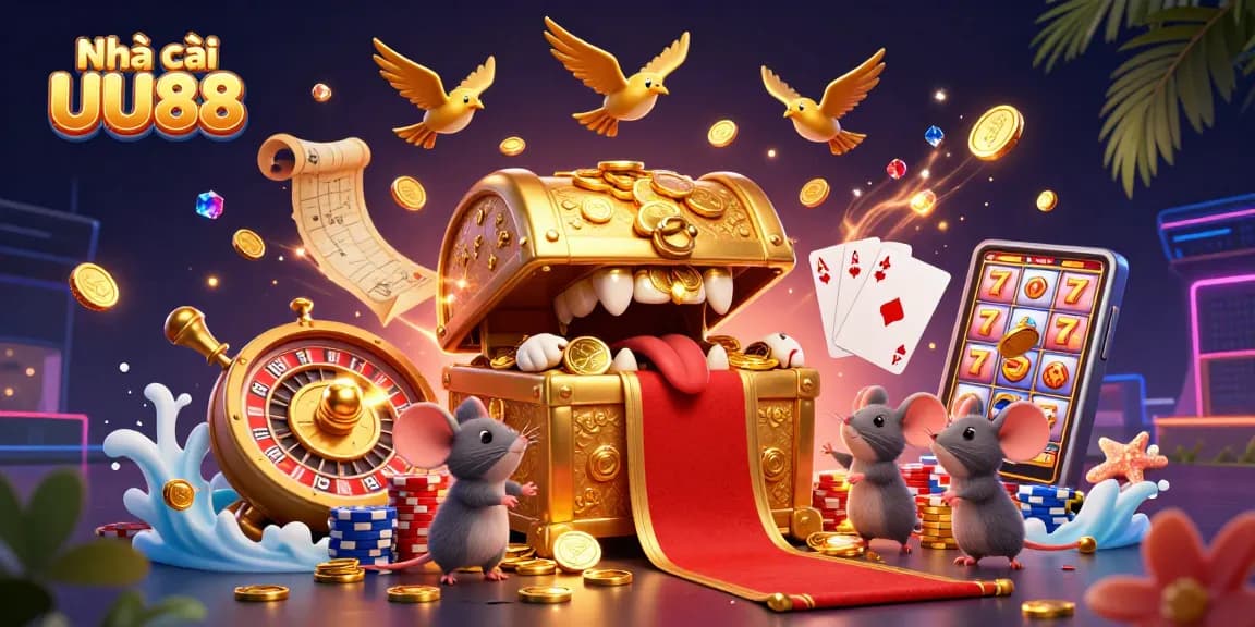 Engage with the vibrant world of Nhà cái UU88, featuring casino treasures, golden birds, and dynamic game elements.