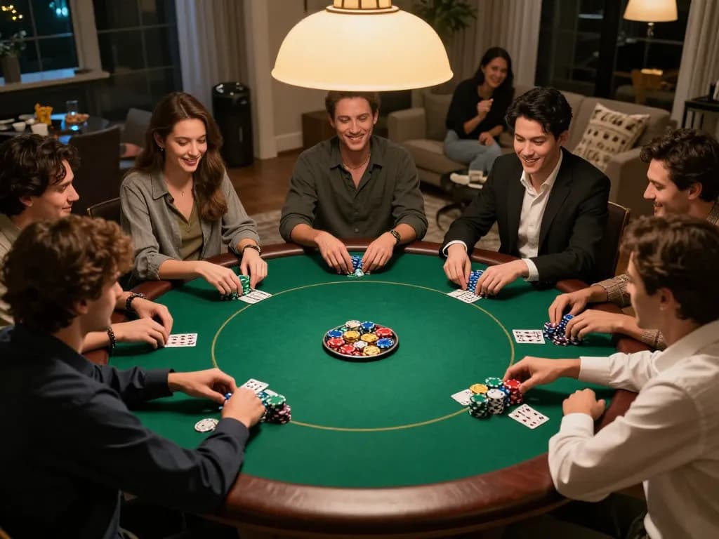 Pemain Leci123a merayakan kemenangan dalam permainan poker di rumah yang meriah dengan camilan dan minuman.