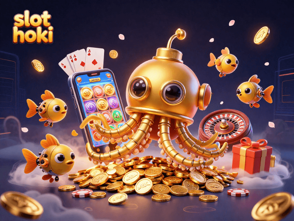 Play slot hoki and enjoy a vibrant 3D illustration of gold coins and exciting game elements.