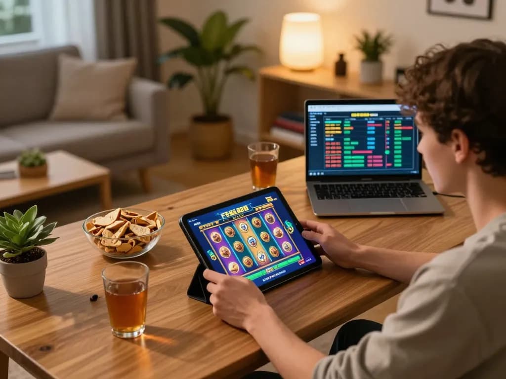 Engaged player enjoying Fafa 828 with vibrant slot games during a cozy home gaming session.