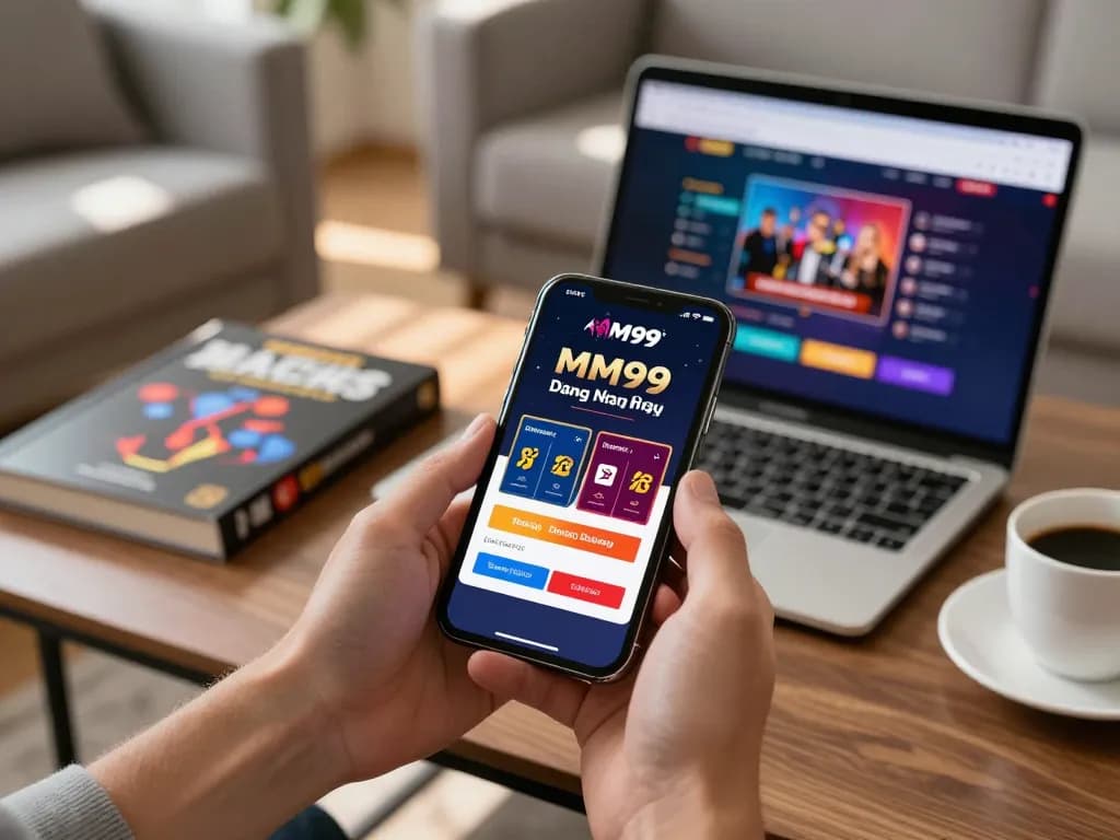 Experience MM99 Đăng Nhập for online gaming on a smartphone in a cozy home setting
