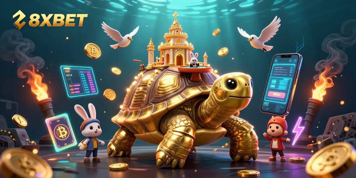 Play with 8XBET in a vibrant casino environment showcasing golden tortoise and rabbit dealer.
