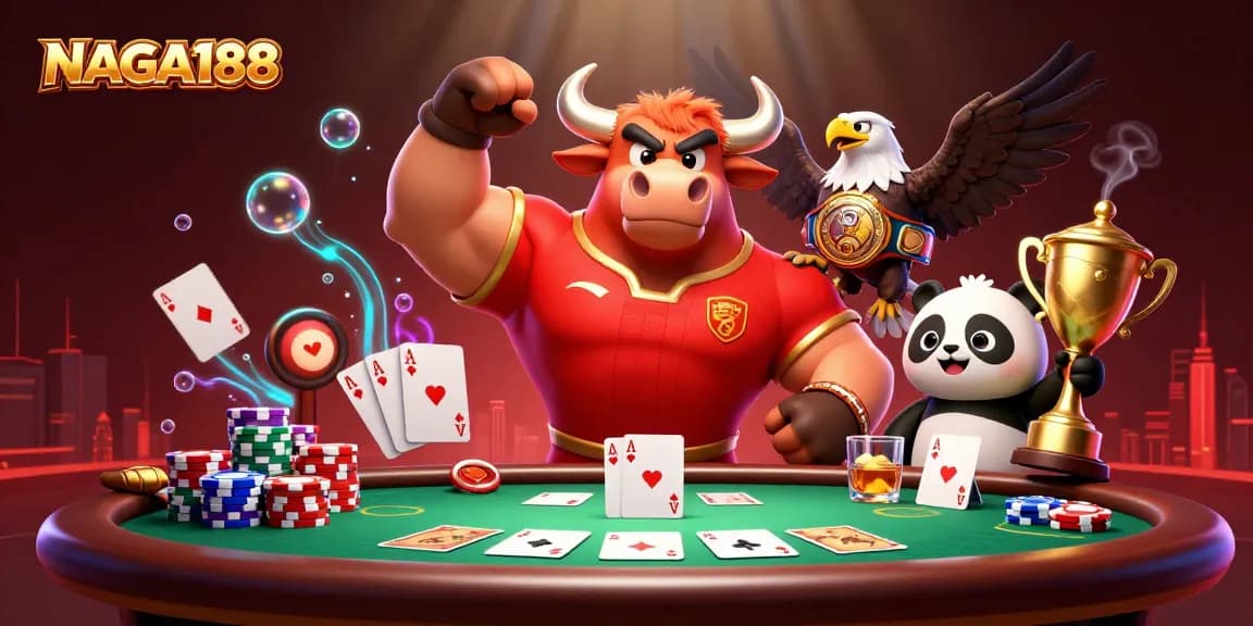 NAGA188 menyajikan ilustrasi kasino 3D dengan karakter kartun, meja poker, dan efek cahaya yang menakjubkan.