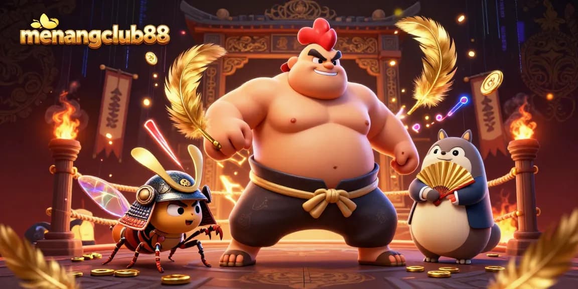 Experience thrilling adventures with menangclub88's vibrant artwork featuring a dynamic online casino scene.