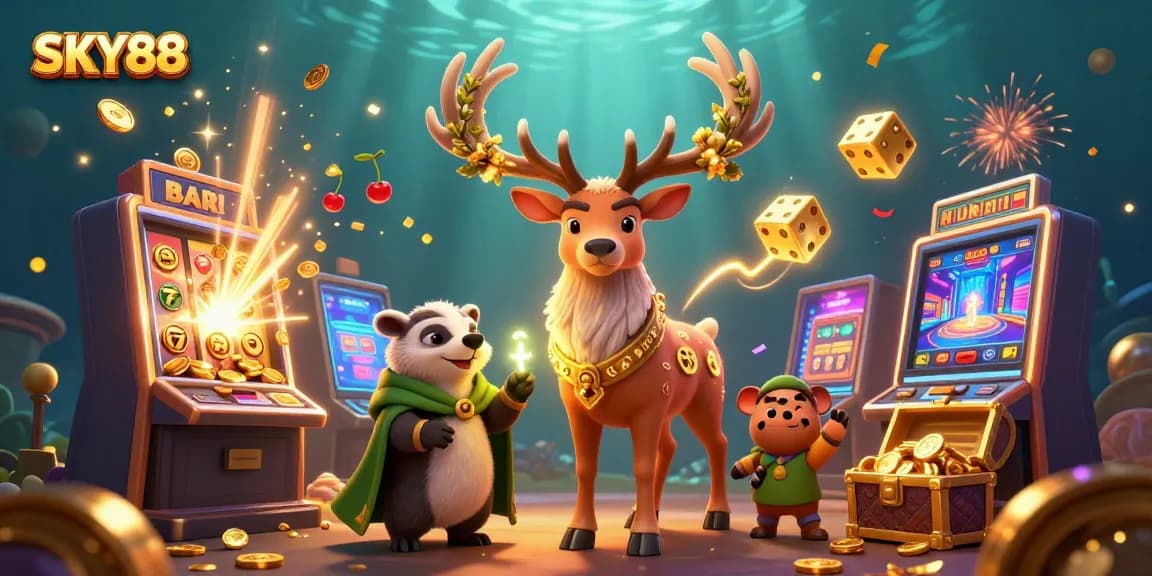 Experience the thrill of SKY88 with an exciting 3D illustration of a mystical casino adventure.