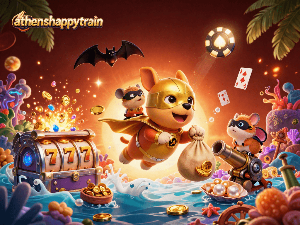 Engage in thrilling gameplay with athenshappytrain's superhero dog surrounded by riches and vibrant elements.