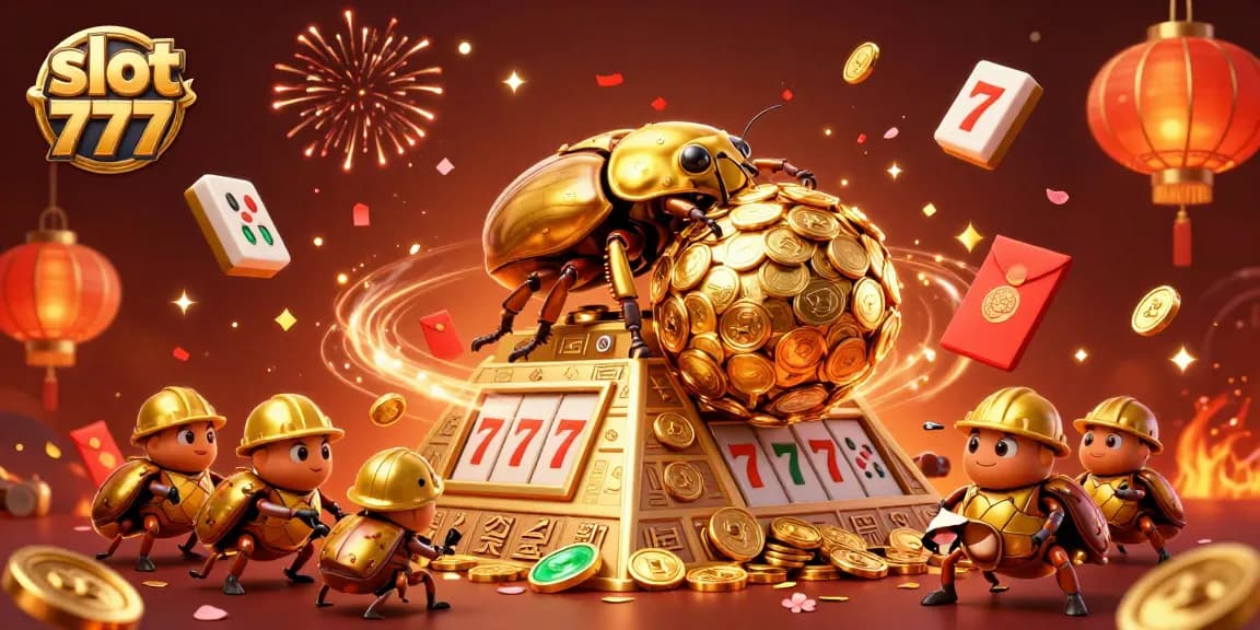 Engage in exciting slot 777 adventures with golden beetles rolling coins amidst festive casino symbols.