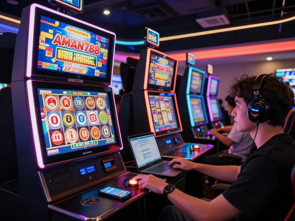 Pemain yang terlibat memutar gulungan mesin slot AMAN788 pada perangkat permainan modern.