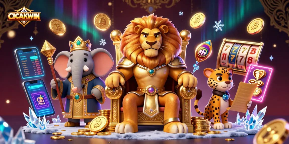 Engage with CICAKWIN through a thrilling casino scene featuring a lion king and animated game elements.