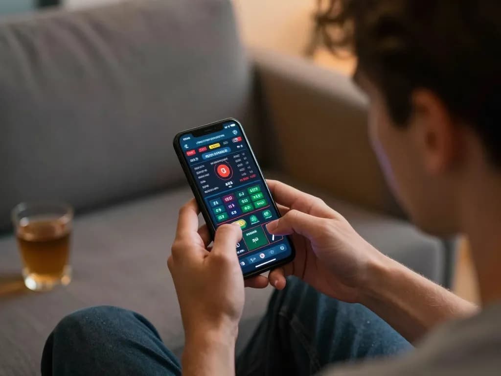 Engaged player using sports betting app on nhà cái 5679 for live match betting analysis