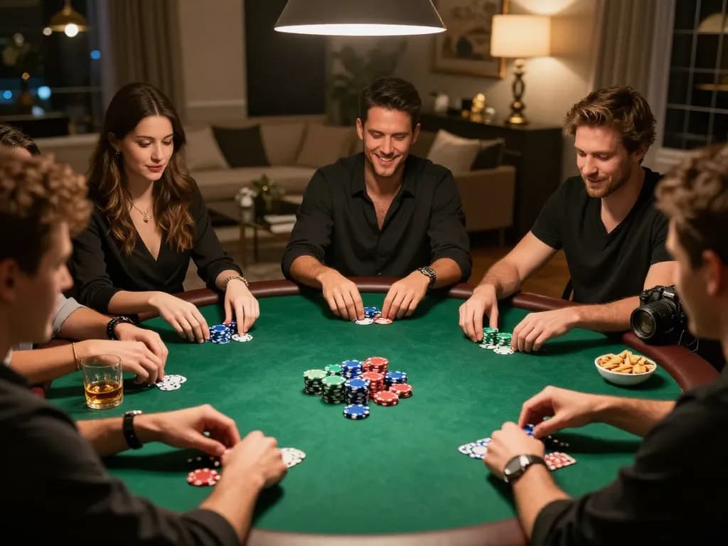 Players engaged in a thrilling poker game night on RIKVIP, showcasing chips and laughter in cozy ambiance.