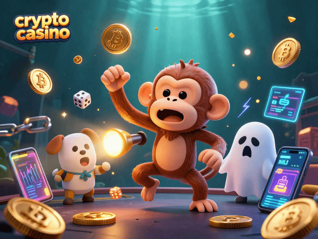 Experience the thrill at a crypto casino with a mischievous monkey and ghost-hunter puppy in action.