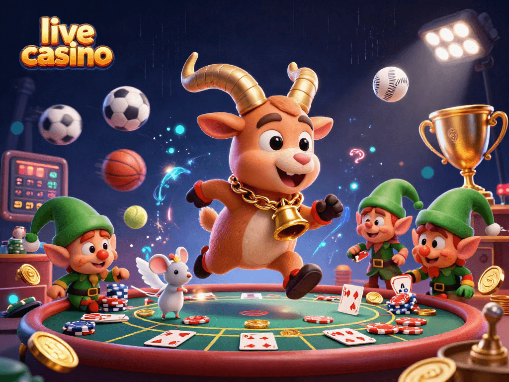 Engage in a vibrant live casino experience with dynamic illustrations of festive characters and gaming elements.